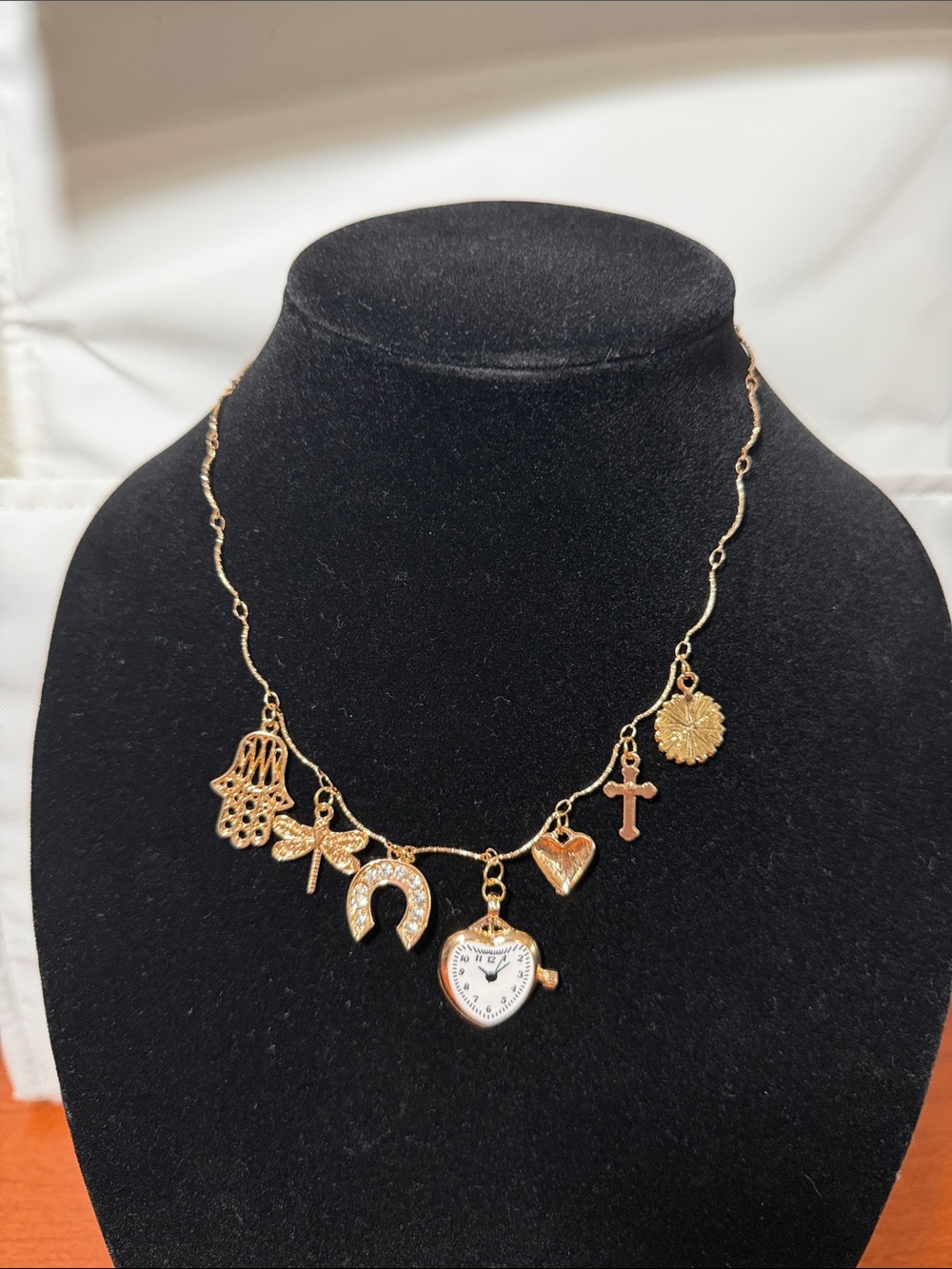 Gold Charm Necklace with Heart Locket and Religious Charms